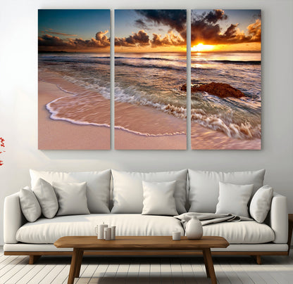 80979-MGV-CV-48X32-3P-Golden Sunrise Beach Wall Art – Ocean Waves and Sandy Shore Canvas Print, Coastal Sunset Photography Artwork for Living Room,