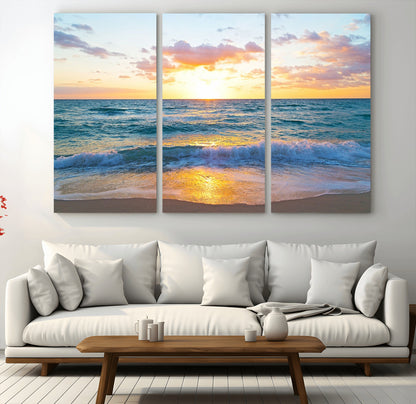 78006-MGV-CV-48X32-3P-Golden Sunrise Ocean Wall Art – Panoramic Beach Waves Canvas Print, Coastal Seascape Artwork for Living Room, Bedroom, Office, or