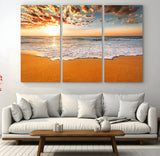 15399-MGV-CV-48X32-3P-Golden Sunrise Beach Wall Art – Ocean Waves on Sandy Shore Canvas Print, Coastal Seascape Decor for Living Room or Bedroom