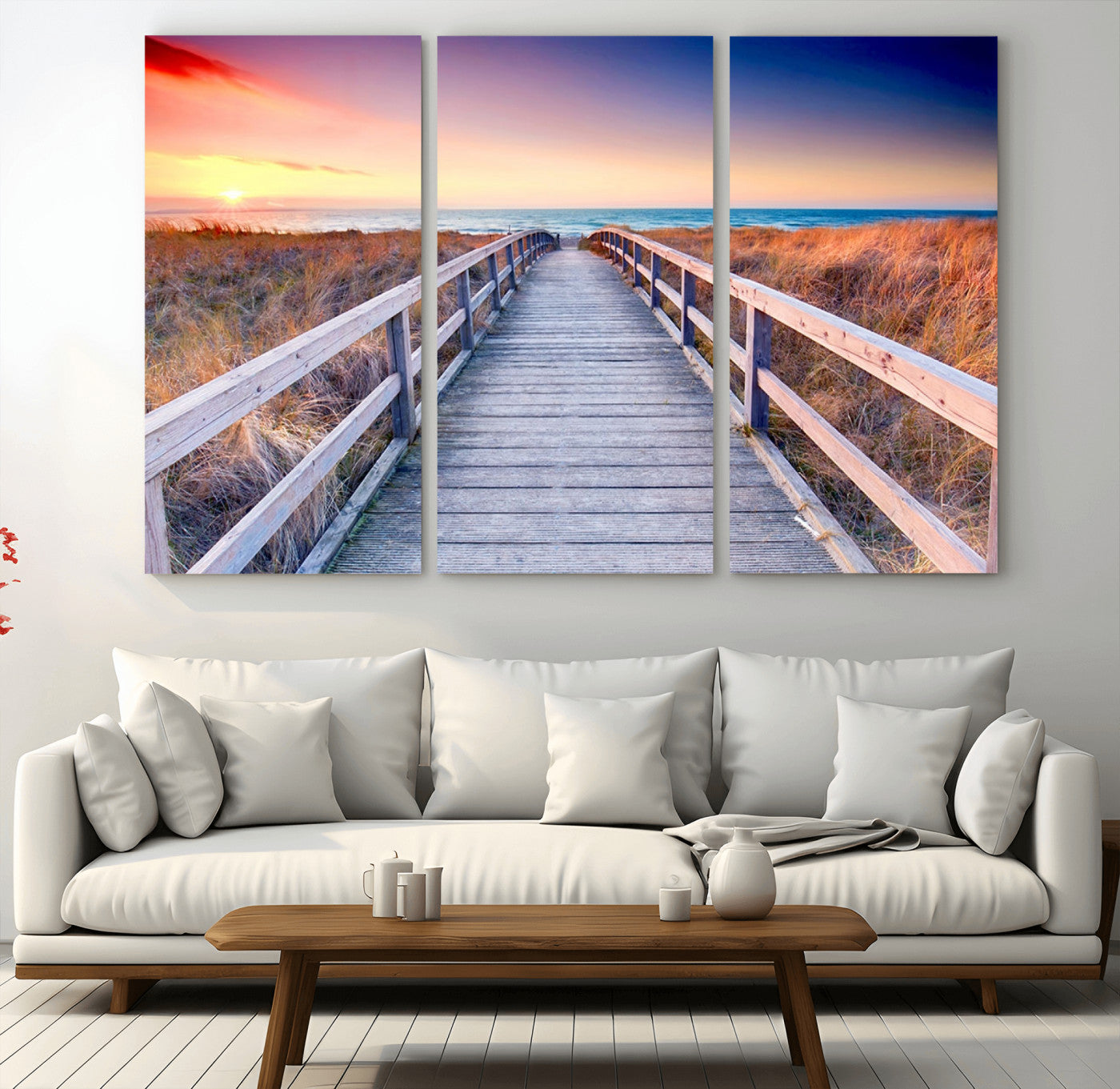 60625-MGV-CV-48X32-3P-Beach Boardwalk Sunrise Wall Art – Coastal Pathway to Ocean Canvas Print, Seaside Landscape Decor for Home or Office