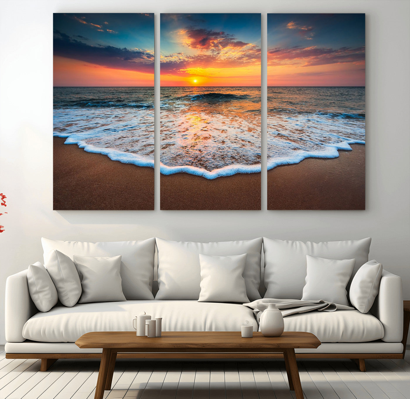 16110-MGV-CV-48X32-3P-Ocean Sunset Wall Art – Vibrant Beach Waves and Horizon Canvas Print, Relaxing Coastal Seascape Decor for Living Room or Bedroom