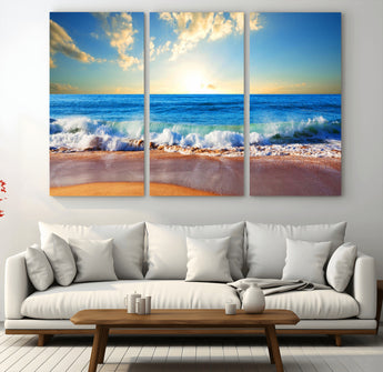50522-MGV-CV-48X32-3P-Ocean Sunrise Wall Art – Peaceful Beach Waves and Golden Horizon Canvas Print, Coastal Seascape Decor for Home or Office
