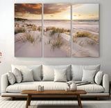61246-MGV-CV-48X32-3P-Coastal Sand Dunes Wall Art – Serene Beach Sunset Canvas Print with Grasses and Ocean View, Tranquil Seaside Decor for Living Room