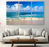 60364-MGV-CV-48X32-3P-Tropical Ocean Wave Wall Art – Serene Blue Sea and White Sand Beach Canvas Print, Coastal Landscape Decor for Living Room, Bedroom