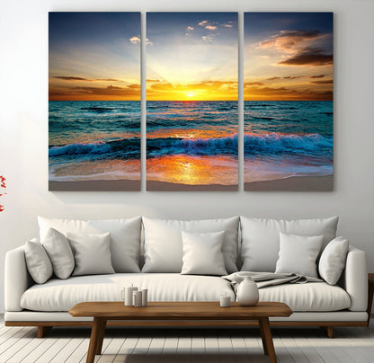 50627-MGV-CV-48X32-3P-Ocean Sunset Wall Art – Serene Beach Canvas Print with Waves and Golden Sky, Coastal Decor for Living Room or Office