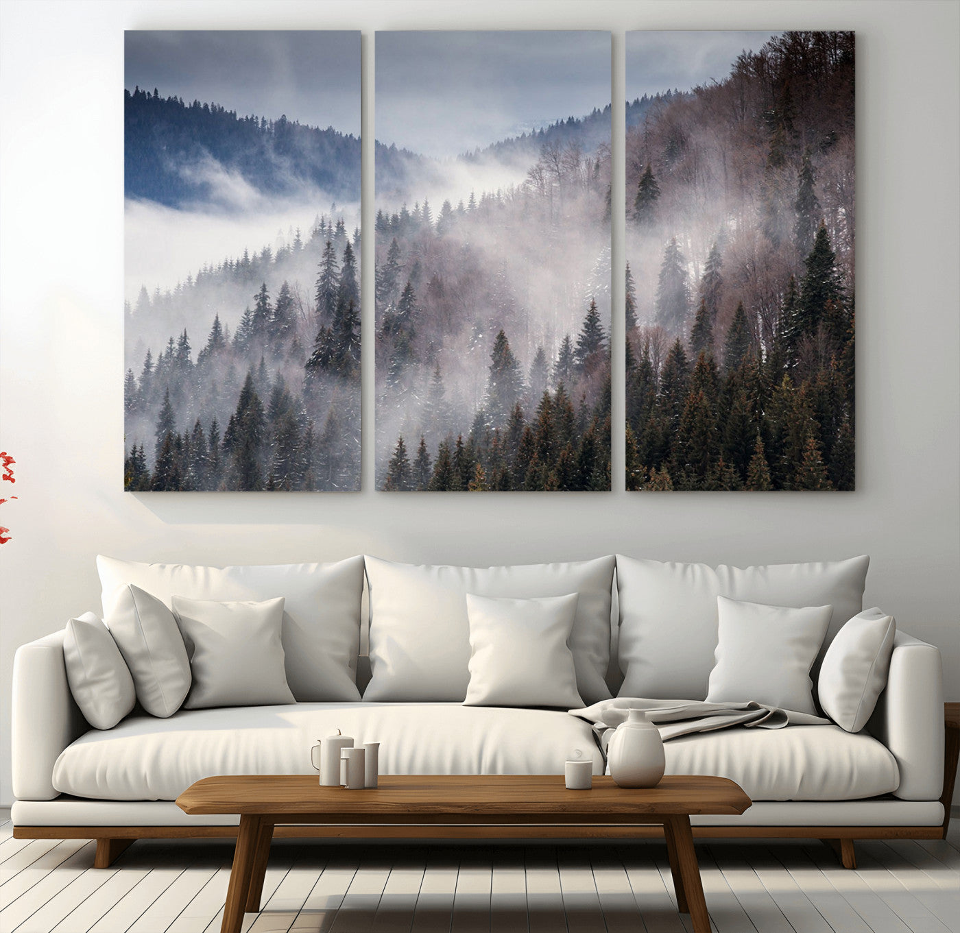 18459-MGV-CV-48X32-3P-Misty Pine Forest Wall Art – Serene Mountain Landscape Canvas Print, Tranquil Nature Artwork for Living Room, Bedroom, Cabin or