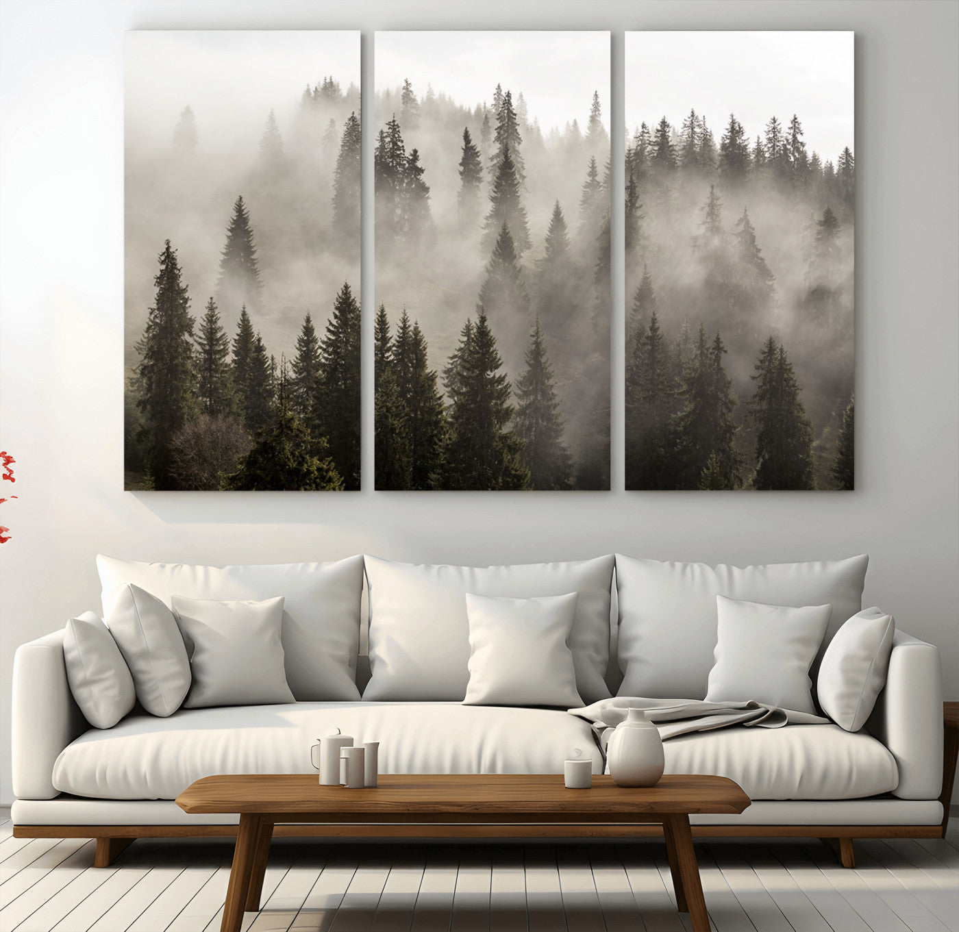 62862-MGV-CV-48X32-3P-Misty Forest Wall Art – Tranquil Pine Tree Canvas Print with Mountain Fog, Nature Landscape Artwork for Living Room, Bedroom, or
