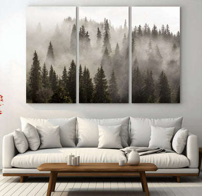 62862-MGV-CV-48X32-3P-Misty Forest Wall Art – Tranquil Pine Tree Canvas Print with Mountain Fog, Nature Landscape Artwork for Living Room, Bedroom, or