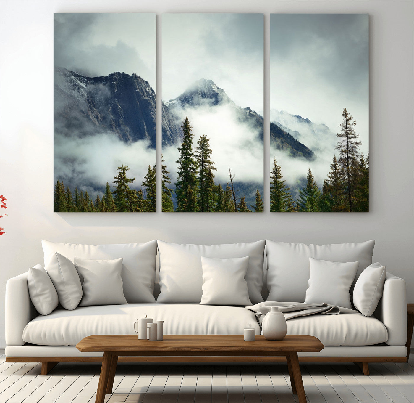 93219-MGV-CV-36X24-Misty Mountain Wall Art – Foggy Pines and Rocky Peaks Canvas Print, Nature Landscape Decor for Living Room, Office or Bedroom