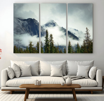 93219-MGV-CV-36X24-Misty Mountain Wall Art – Foggy Pines and Rocky Peaks Canvas Print, Nature Landscape Decor for Living Room, Office or Bedroom