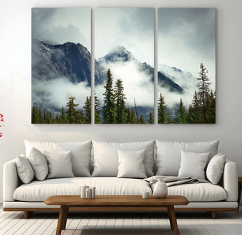 93219-MGV-CV-48X32-3P-Misty Mountain Wall Art – Foggy Pines and Rocky Peaks Canvas Print, Nature Landscape Decor for Living Room, Office or Bedroom
