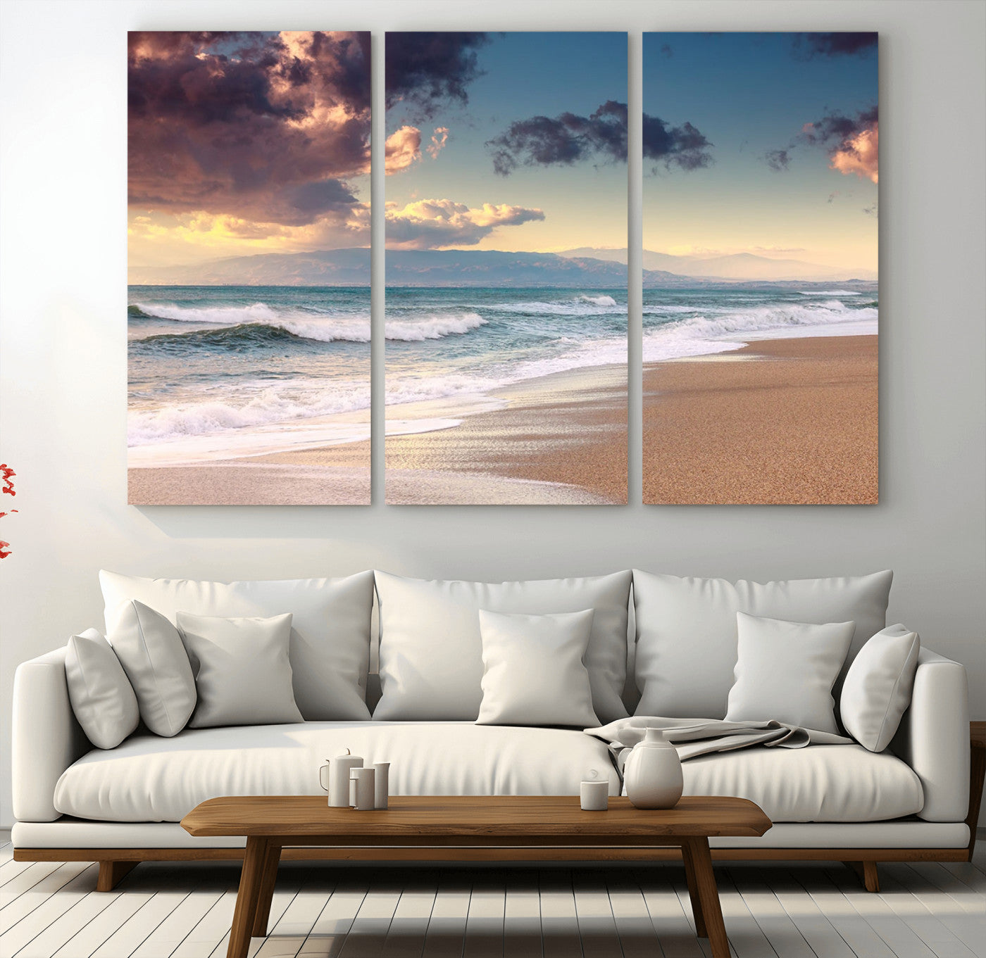 42253-MGV-CV-48X32-3P-Serene Beach Waves Wall Art – Tranquil Ocean Horizon Canvas Print, Coastal Seascape Decor for Living Room or Office Wall