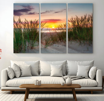 25576-MGV-CV-48X32-3P-Beach Grass Sunset Wall Art – Coastal Sand Dune Landscape Canvas Print, Ocean View Nature Decor for Living Room or Office Wall