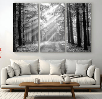39665-MGV-CV-36X24-Black and White Forest Path Wall Art – Sunlight Rays in Trees Canvas Print, Nature Landscape Decor for Living Room or Office