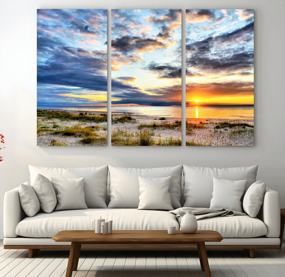 39645-MGV-CV-48X32-3P-Golden Beach Sunset Wall Art – Serene Ocean Horizon Canvas Print, Coastal Nature Landscape Decor for Living Room, Bedroom or
