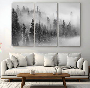 57235-MGV-CV-36X24-Misty Pine Forest Wall Art – Black and White Mountain Landscape Canvas Print, Nature Woodland Decor for Living Room, Bedroom or