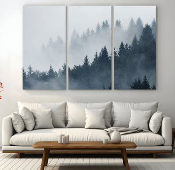 23671-MGV-CV-48X32-3P-Misty Forest Wall Art – Serene Foggy Pine Trees Landscape Canvas Print, Tranquil Nature Decor for Living Room, Bedroom or Office