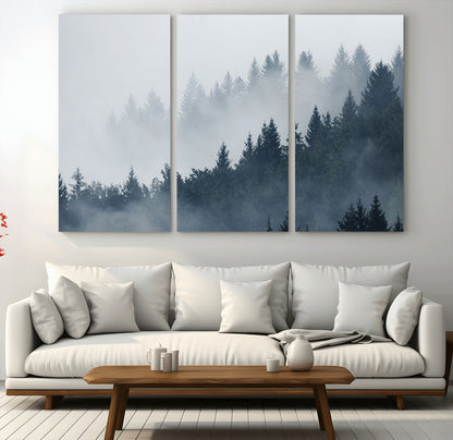 23671-MGV-CV-48X32-3P-Misty Forest Wall Art – Serene Foggy Pine Trees Landscape Canvas Print, Tranquil Nature Decor for Living Room, Bedroom or Office
