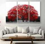 80021-MGV-CV-48X32-3P-Red Tree Wall Art – Striking Black and White Landscape Canvas Print with Vibrant Red Leaves, Modern Nature Decor for Living Room