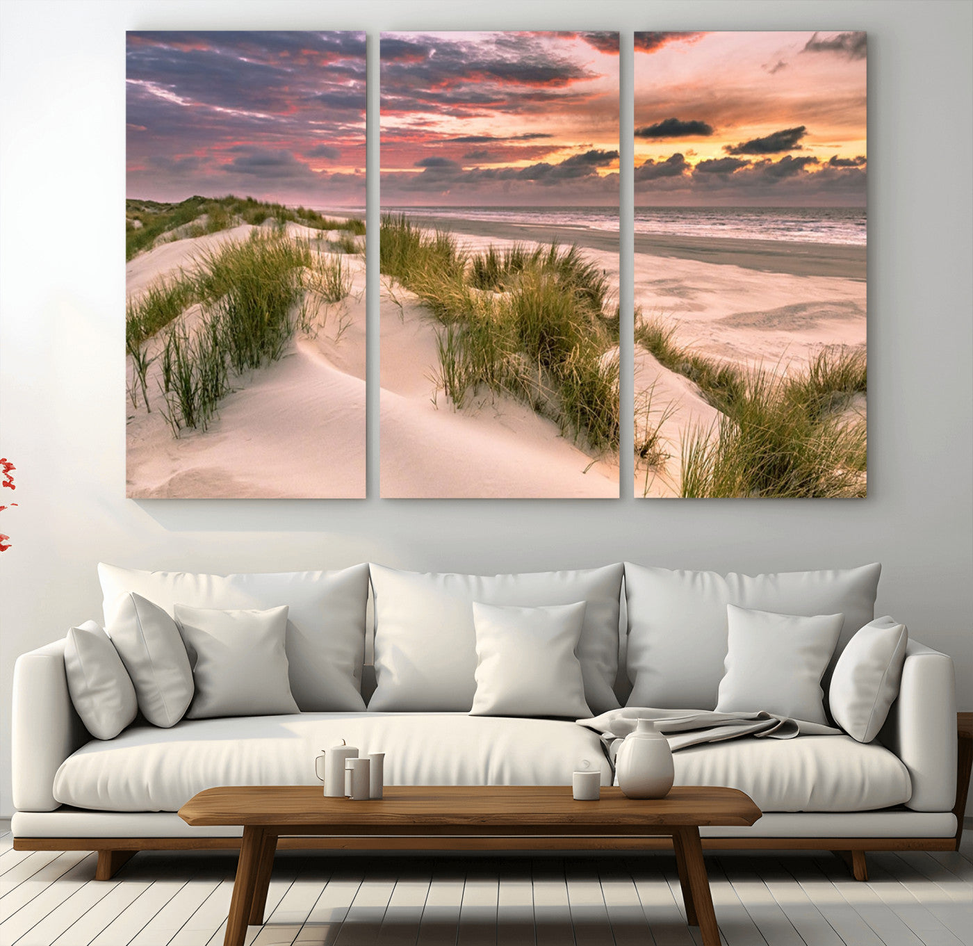 60570-MGV-CV-48X32-3P-Beach Sunset Wall Art – Coastal Sand Dunes and Ocean Horizon Canvas Print, Tranquil Seascape Photography Decor for Living Room or