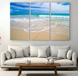 20660-MGV-CV-48X32-3P-Ocean Wave Beach Wall Art – Serene Blue Sea and Sandy Shore Canvas Print, Coastal Landscape Photography Decor for Living Room or