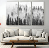 10422-MGV-CV-48X32-3P-Misty Pine Forest Wall Art – Black and White Foggy Landscape Canvas Print, Serene Nature Woodland Decor for Bedroom, Office or
