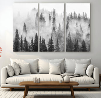 10422-MGV-CV-48X32-3P-Misty Pine Forest Wall Art – Black and White Foggy Landscape Canvas Print, Serene Nature Woodland Decor for Bedroom, Office or