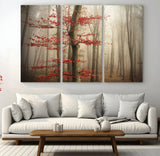 61855-MGV-CV-48X32-3P-Misty Forest Wall Art – Red Tree with Autumn Leaves Canvas Print, Moody Woodland Nature Decor for Living Room, Bedroom, or Office