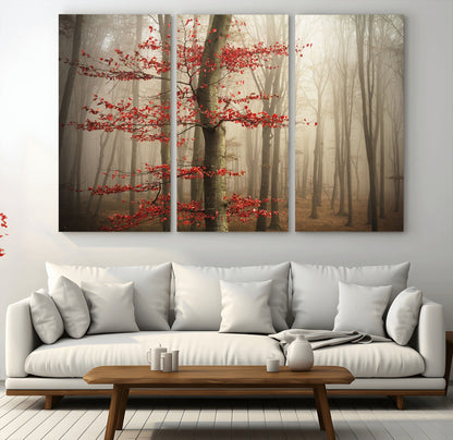 61855-MGV-CV-48X32-3P-Misty Forest Wall Art – Red Tree with Autumn Leaves Canvas Print, Moody Woodland Nature Decor for Living Room, Bedroom, or Office