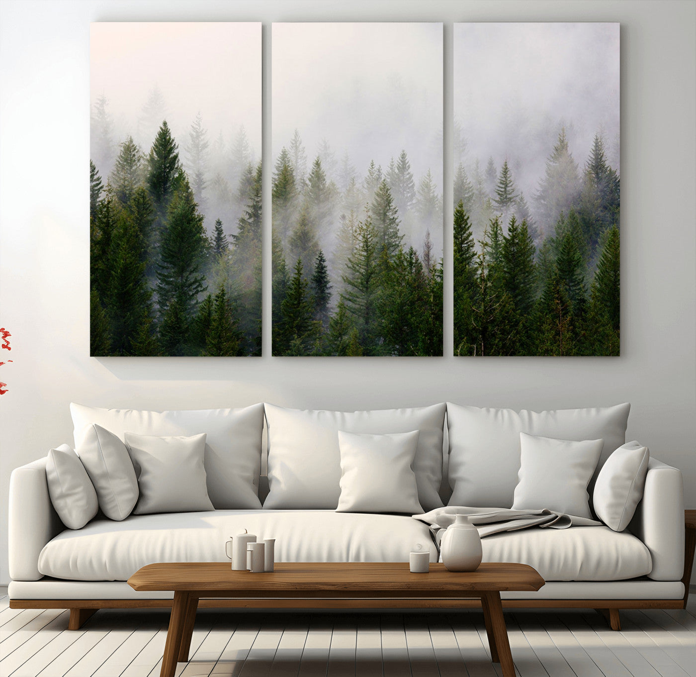 11436-MGV-CV-48X32-3P-Misty Forest Wall Art – Tranquil Evergreen Tree Canvas Print with Foggy Landscape, Nature Inspired Artwork for Bedroom, Living