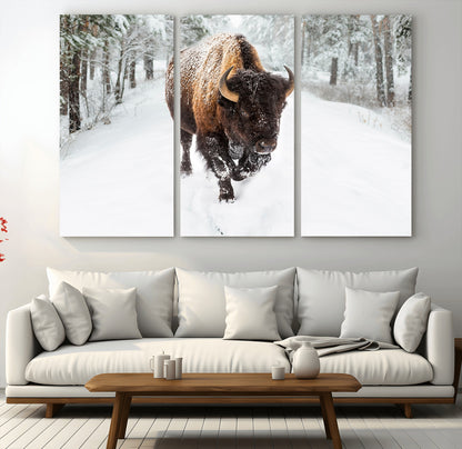 84699-MGV-CV-48X32-3P-Bison in Winter Wall Art – Majestic Buffalo Canvas Print with Snowy Forest Landscape, Rustic Wildlife Artwork for Cabin, Living