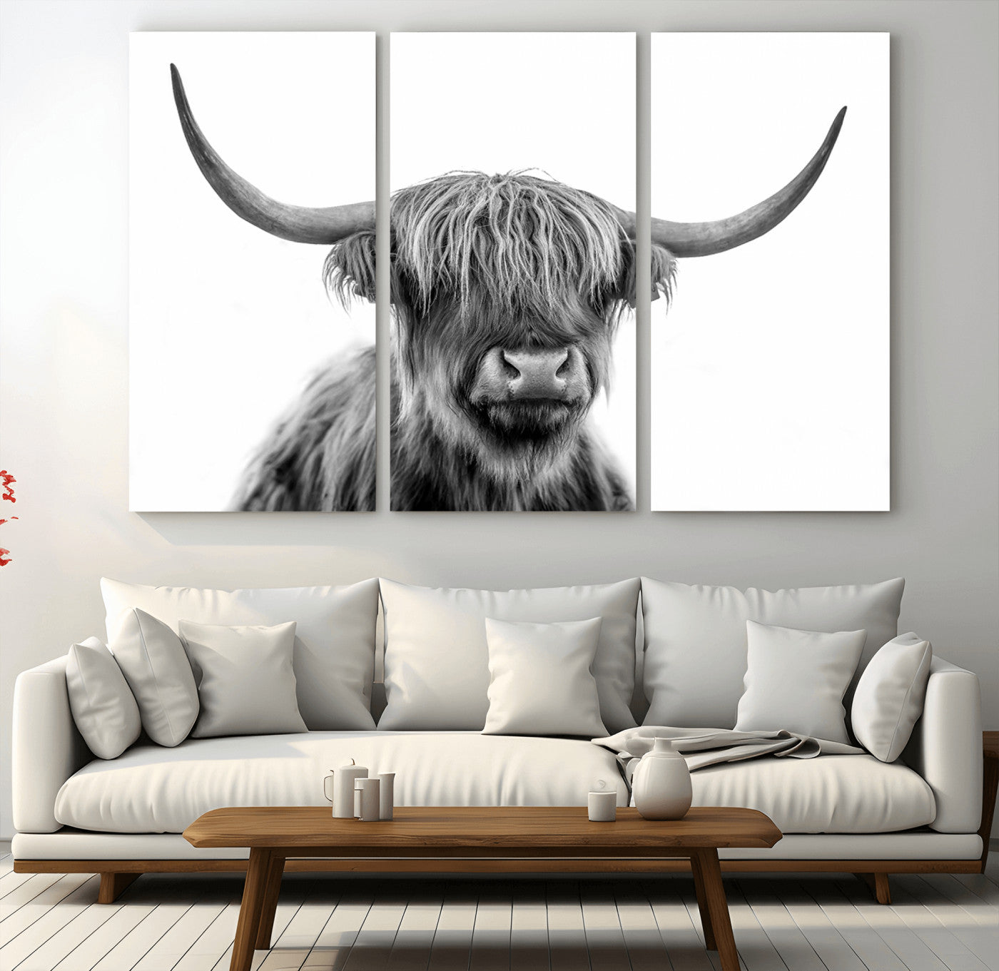 10123-MGV-CV-48X32-3P-Black and White Highland Cow Wall Art – Modern Farmhouse Animal Print, Rustic Scottish Bull Canvas Decor for Living Room, Bedroom,
