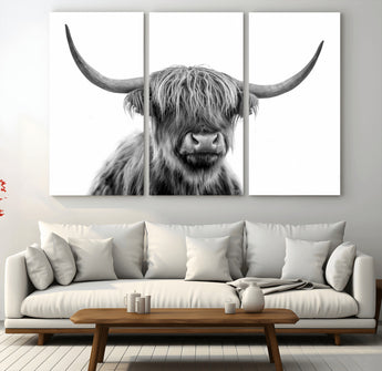 10123-MGV-CV-48X32-3P-Black and White Highland Cow Wall Art – Modern Farmhouse Animal Print, Rustic Scottish Bull Canvas Decor for Living Room, Bedroom,