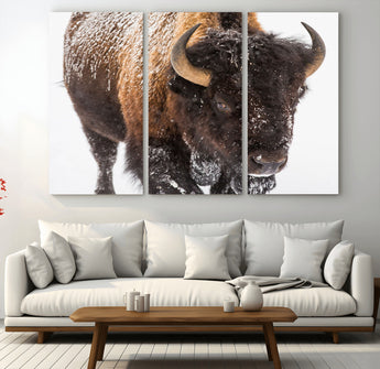 65605-MGV-CV-48X32-3P-Snow Bison Wall Art – Close Up Buffalo Canvas Print, Rustic Western Wildlife Photography, Farmhouse Cabin Lodge Decor for Living