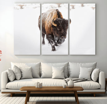 19889-MGV-CV-48X32-3P-Snow Bison Wall Art – Majestic Buffalo Winter Landscape Canvas Print, Rustic Wildlife Photography Decor for Cabin, Lodge, Living