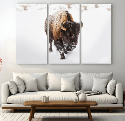 19889-MGV-CV-48X32-3P-Snow Bison Wall Art – Majestic Buffalo Winter Landscape Canvas Print, Rustic Wildlife Photography Decor for Cabin, Lodge, Living
