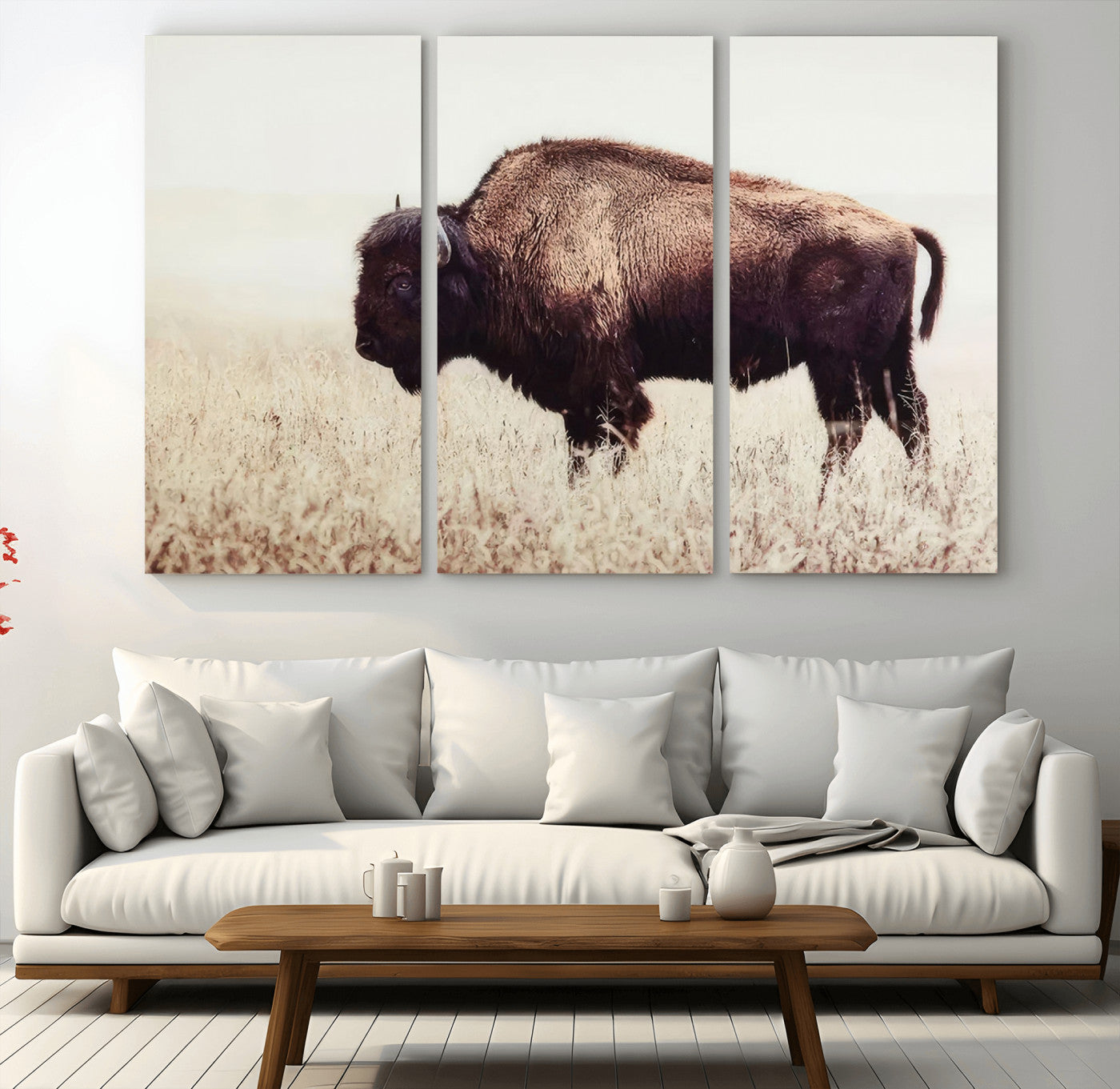 48406-MGV-CV-48X32-3P-American Bison Wall Art – Rustic Buffalo Canvas Print in Prairie Field, Western Wildlife Photography Decor for Cabin, Lodge,