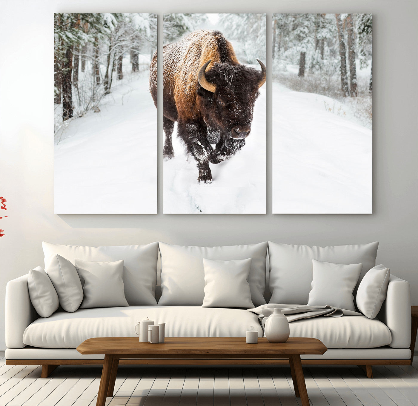 10109-MGV-CV-48X32-3P-Majestic Bison Winter Wall Art – Snowy Forest Buffalo Canvas Print, Rustic Wildlife Photography Decor for Cabin, Lodge, Living