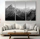 10775-MGV-CV-48X32-3P-Snow Capped Mountain Wall Art – Black and White Canvas Print of Majestic Peaks, Nature Landscape Photography for Office, Bedroom,