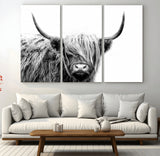 51957-MGV-CV-48X32-3P-Highland Cow Wall Art – Black and White Scottish Highland Bull Canvas Print, Rustic Farmhouse Animal Decor for Living Room,