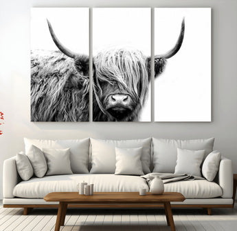 51957-MGV-CV-48X32-3P-Highland Cow Wall Art – Black and White Scottish Highland Bull Canvas Print, Rustic Farmhouse Animal Decor for Living Room,