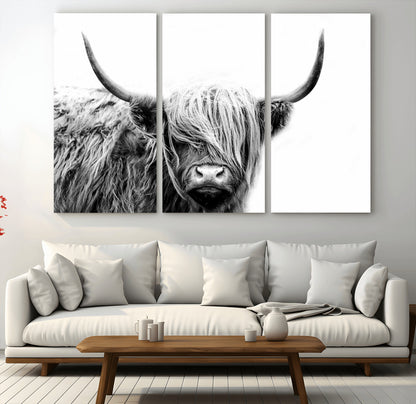 51957-MGV-CV-48X32-3P-Highland Cow Wall Art – Black and White Scottish Highland Bull Canvas Print, Rustic Farmhouse Animal Decor for Living Room,
