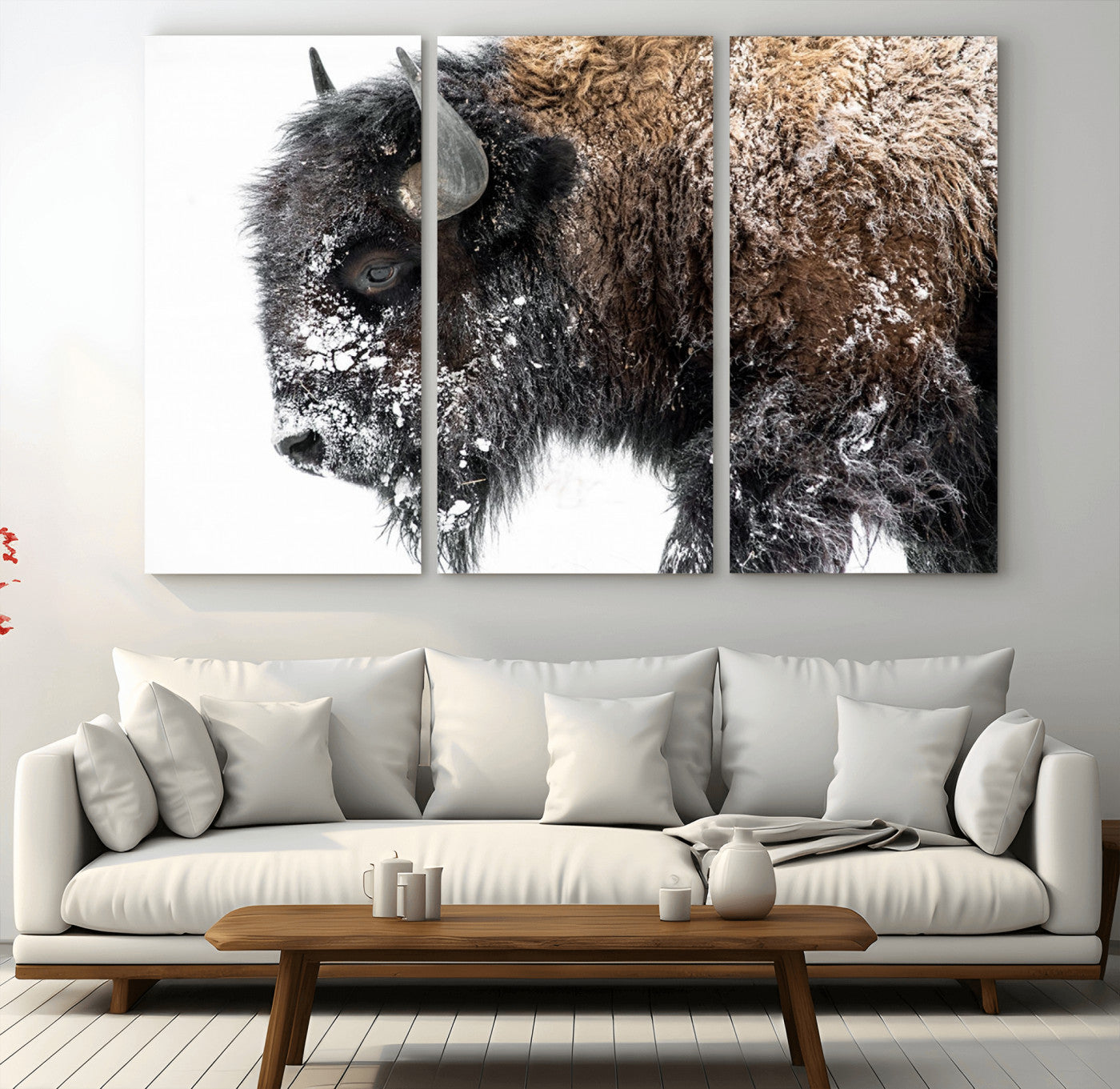 24304-MGV-CV-48X32-3P-Bison Wall Art Canvas Print, Framed Winter Bison Art Picture Print, Snowy Buffalo Perfect Rustic Farmhouse Decor Artwork