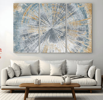 17631-MGV-CV-48X32-3P-Radiant Burst Wall Art – Abstract Sunburst Canvas Print in Blue and Gold, Modern Geometric Painting for Living Room, Office or