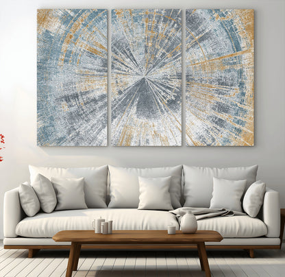 17631-MGV-CV-48X32-3P-Radiant Burst Wall Art – Abstract Sunburst Canvas Print in Blue and Gold, Modern Geometric Painting for Living Room, Office or