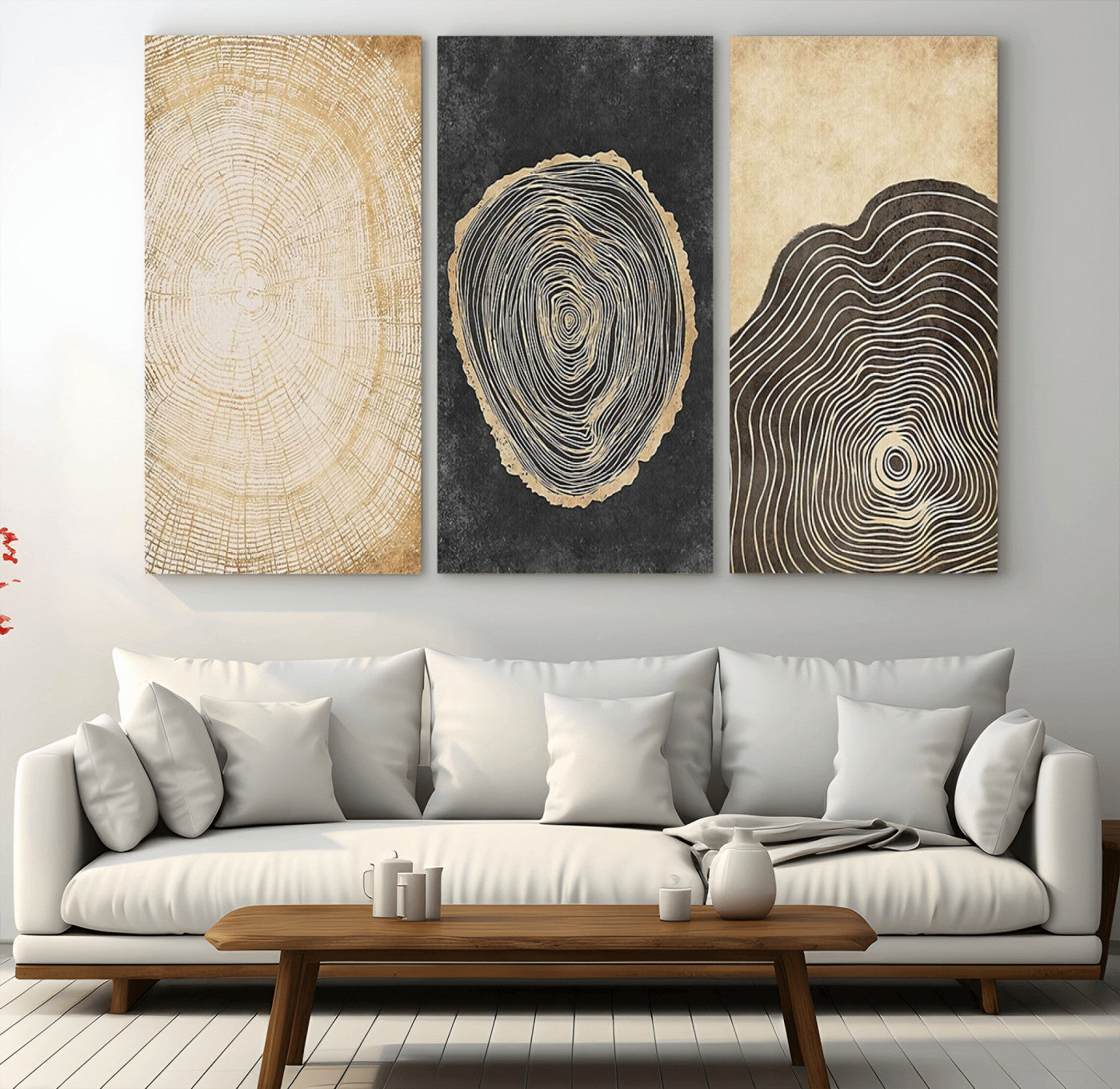 77785-MGV-CV-48X32-3P-Tree Ring Abstract Wall Art – Rustic Wood Growth Pattern Canvas Prints, Modern Nature-Inspired Decor for Living Room or Office