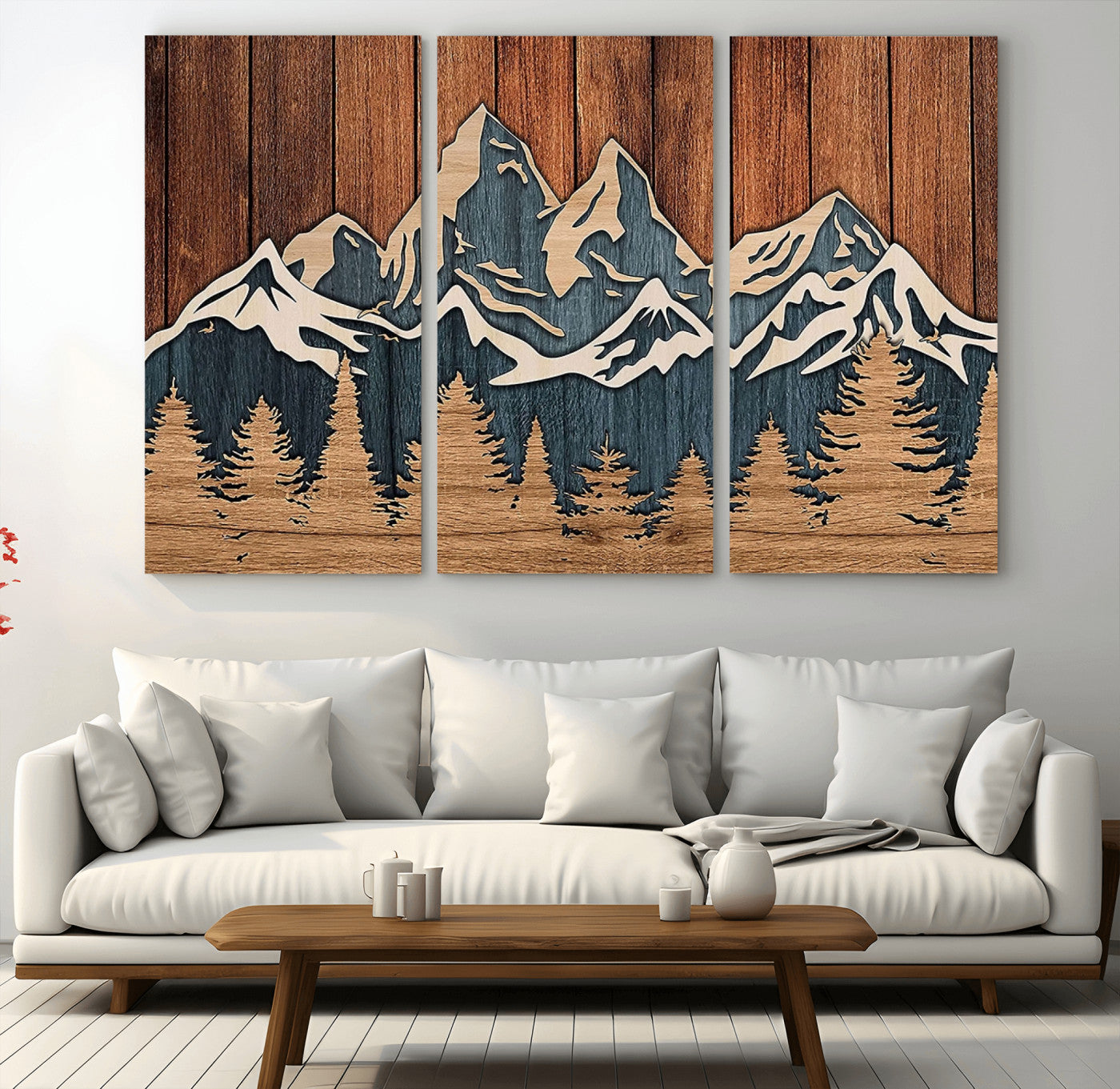 41330-MGV-CV-36X24-Rustic Mountain Wall Art – Wooden Nature Scene with Trees and Peaks, Handmade 3D Layered Decor for Living Room, Cabin or Office