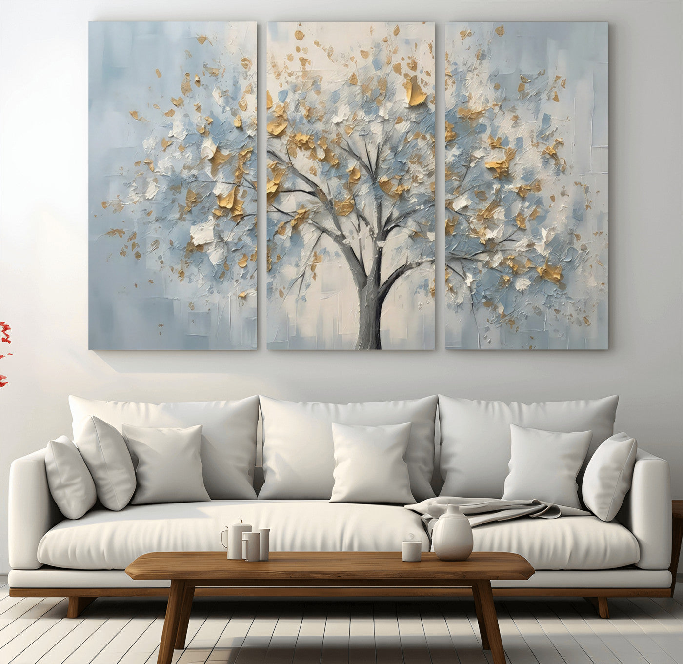 65811-MGV-CV-48X32-3P-Abstract Tree Wall Art – Textured Canvas Painting with Gold and White Leaves, Modern Nature Inspired Decor for Living Room or