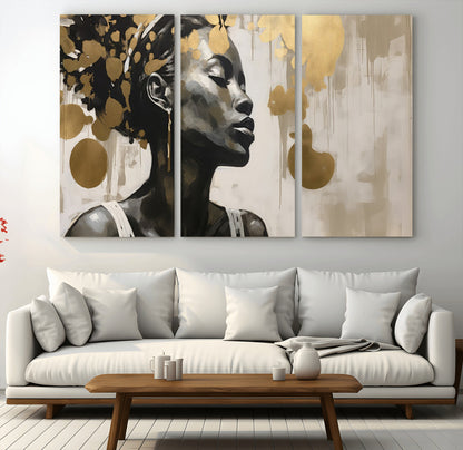 65669-MGV-CV-36X24-Elegant Black Woman Wall Art – Modern Abstract Portrait Canvas with Gold Accents, Contemporary Afrocentric Decor for Living Room