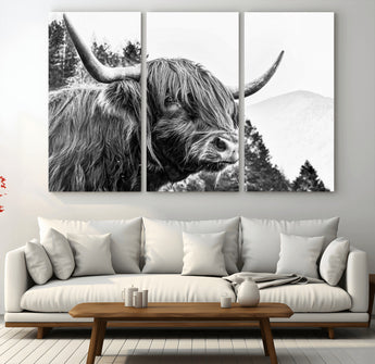 61570-MGV-CV-48X32-3P-Highland Cow Wall Art – Black and White Scottish Bull Canvas Print, Rustic Farmhouse Animal Decor for Living Room, Bedroom, or